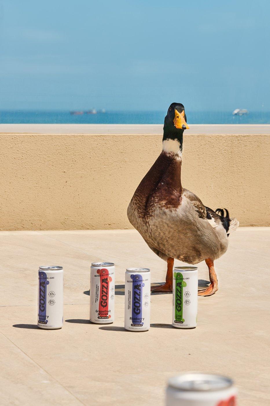 Un pato junto a latas de Gozza en una terraza frente al mar